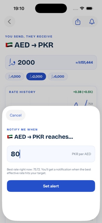 RemitPK rate alert — notify me when AED to PKR reaches a target