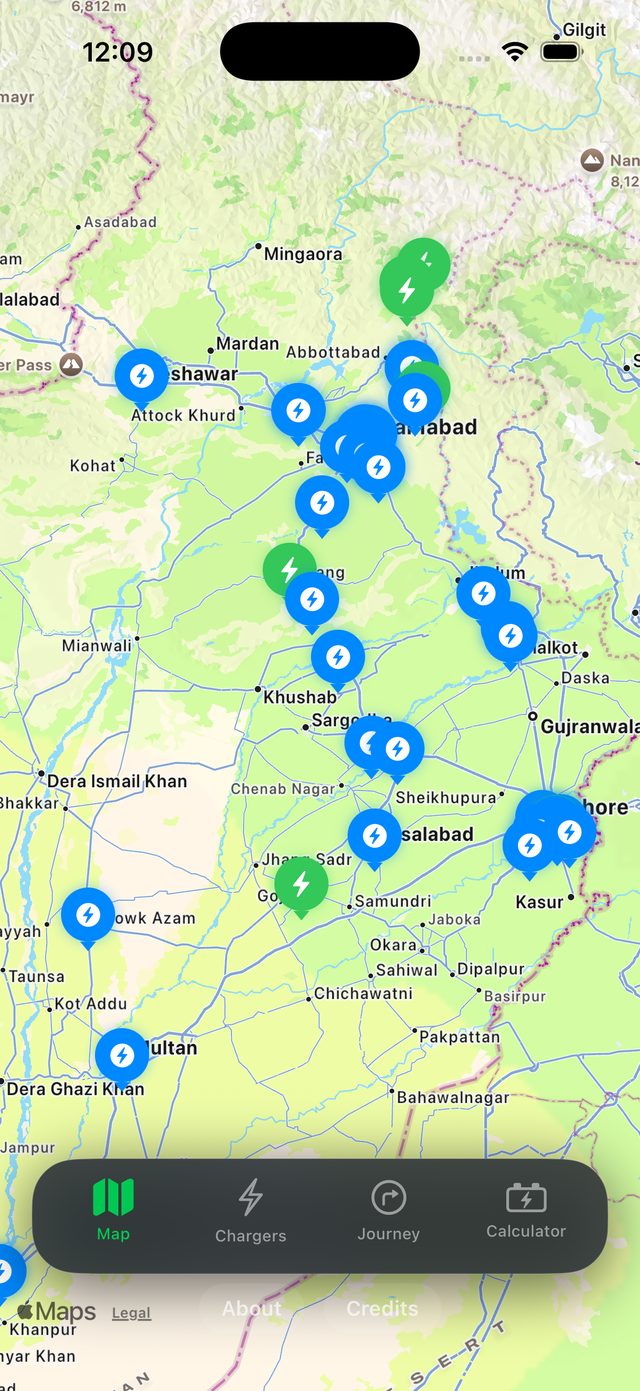 ChargePK map view with EV chargers across Pakistan